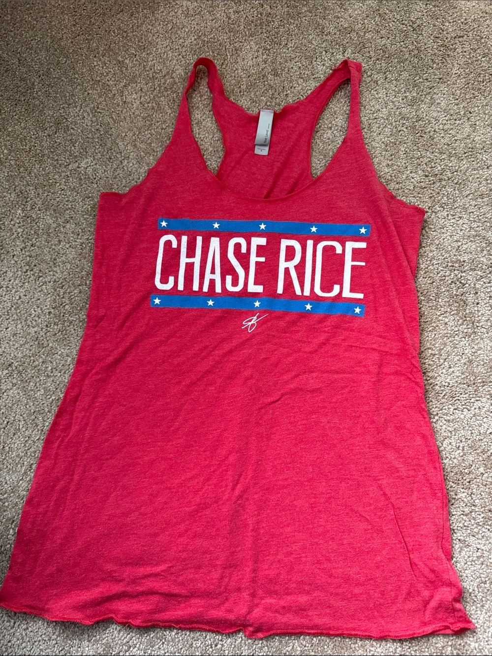 Next Level Apparel Red Racerback Tank with Blue and White Chase Rice Graphic